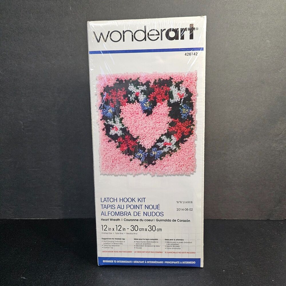 New Wonderart Latch Hook Kit Floral Heart Wreath Pink Background, 12" x 12"